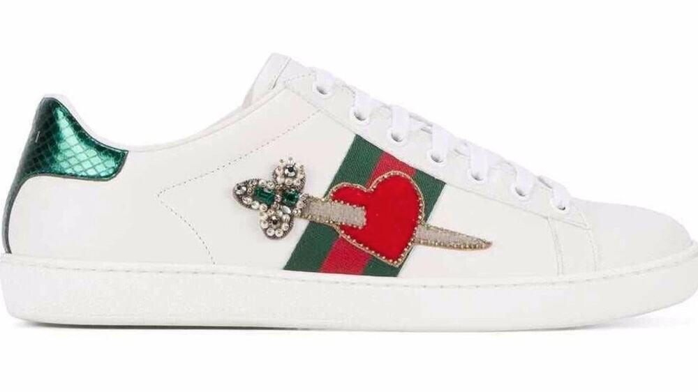 GUCCI Ace Sneakers Heart Sword Dagger GG Jeweled Leather Trainer Sz 38.5